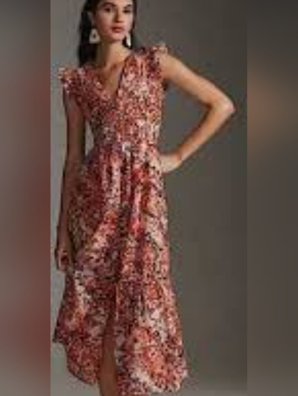 Anthropologie  Floral Coral Pink Dress Puff Hem Tea Party L NEW Boho Maxi